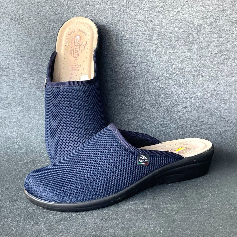 Fly Flot Women's Navy Mesh Comfort Mule Slippers US 9.5 Made in Italy Leather